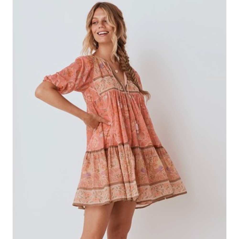 Spell & The Gypsy Collective Seashell Boho Mini Dress in Coral Pink sz XS